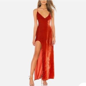 For Love and Lemons Nadine Velvet Maxi Dress in Rust